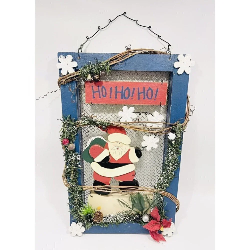 Christmas Santa Wall Hanging Wood Decor Sign HO HO HO Door Red White Blue